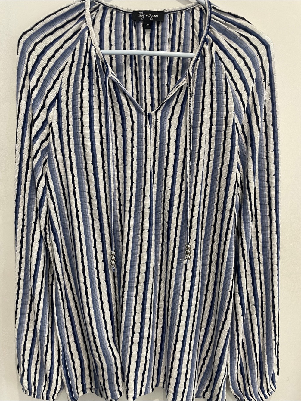 Lilly Morgan Navy White Striped V-Neck Peasant Tunic Top Beaded Tie L